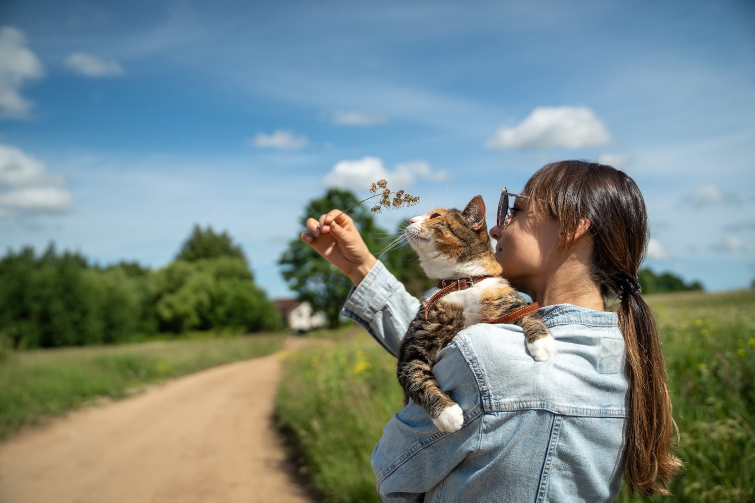 Woman walking with her cat free from flees and ticks in Columbia SC
